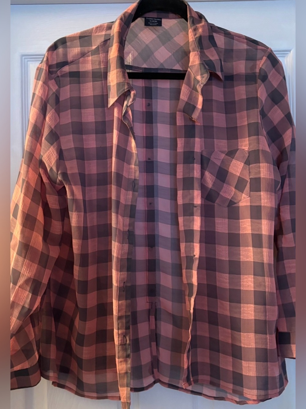 Womens lightweight sheer  Plaid Button-Up Shirt in Pink and Gray
